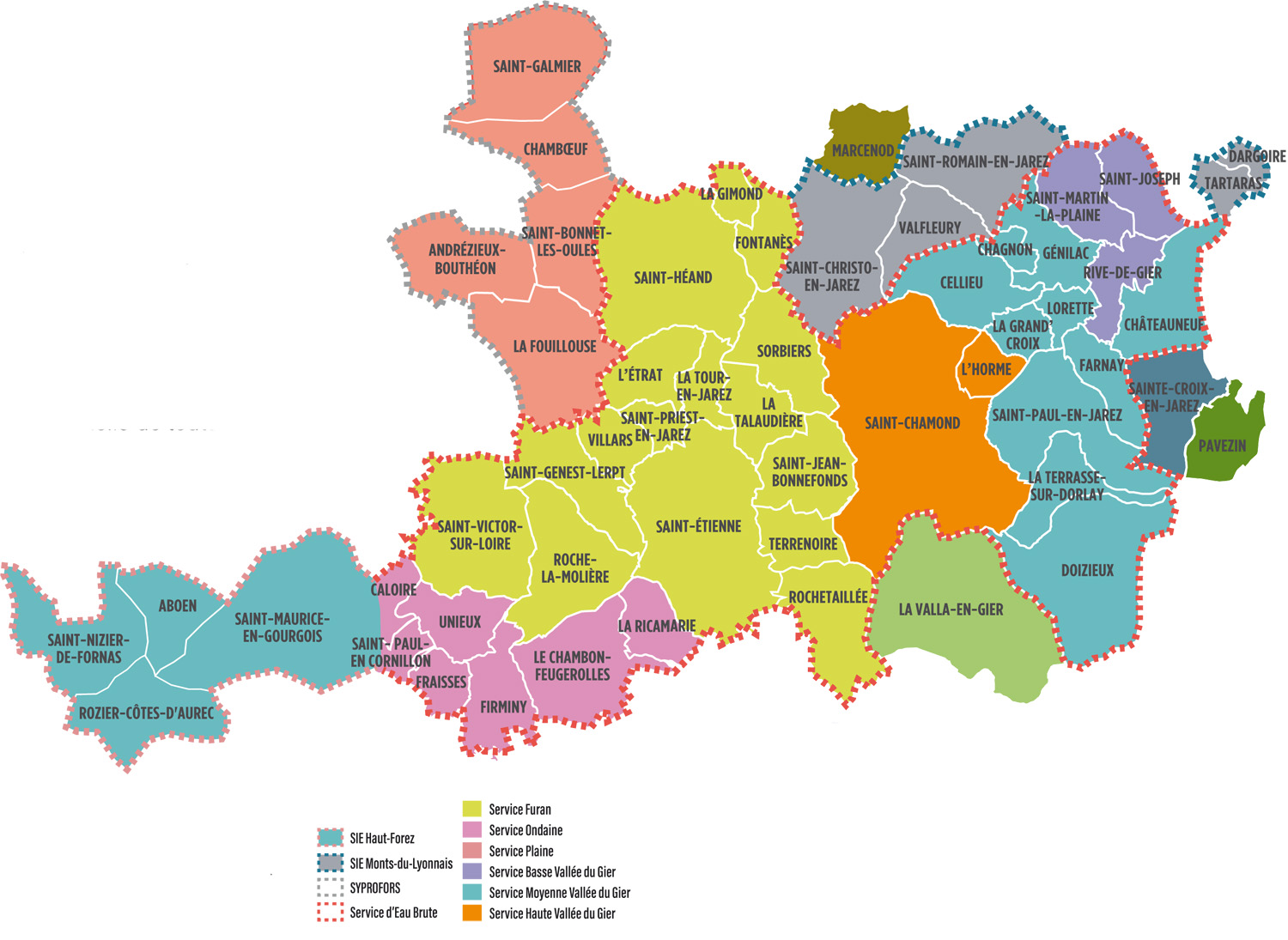Carte des différents services d'eau potable commune par commune