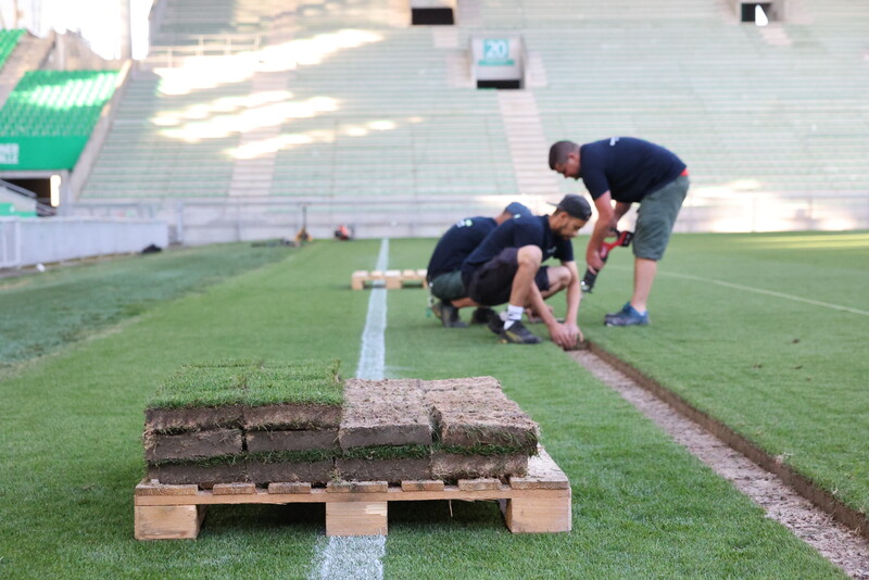 Découpe en carrés de la pelouse du stade