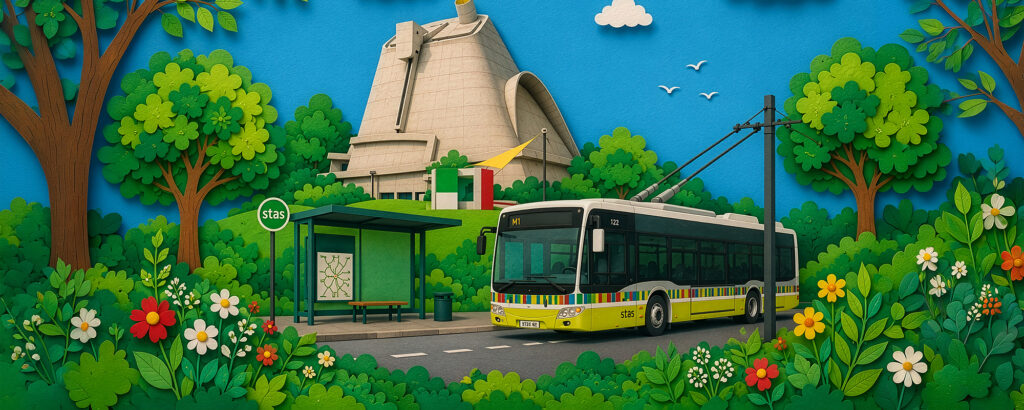 bus, arbres et verdure, église Le Corbusier en arrière plan