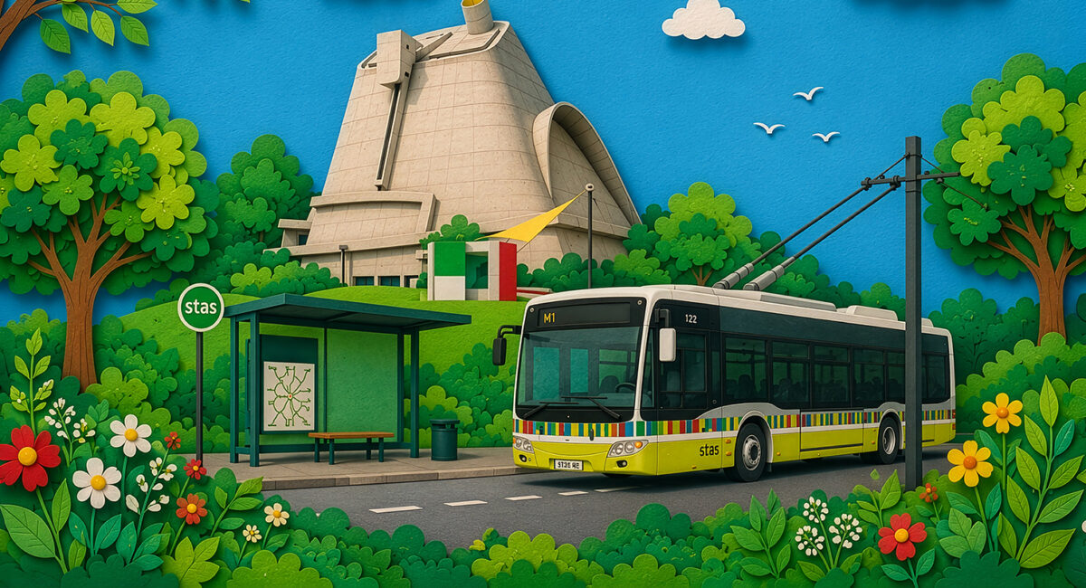 bus, arbres et verdure, église Le Corbusier en arrière plan