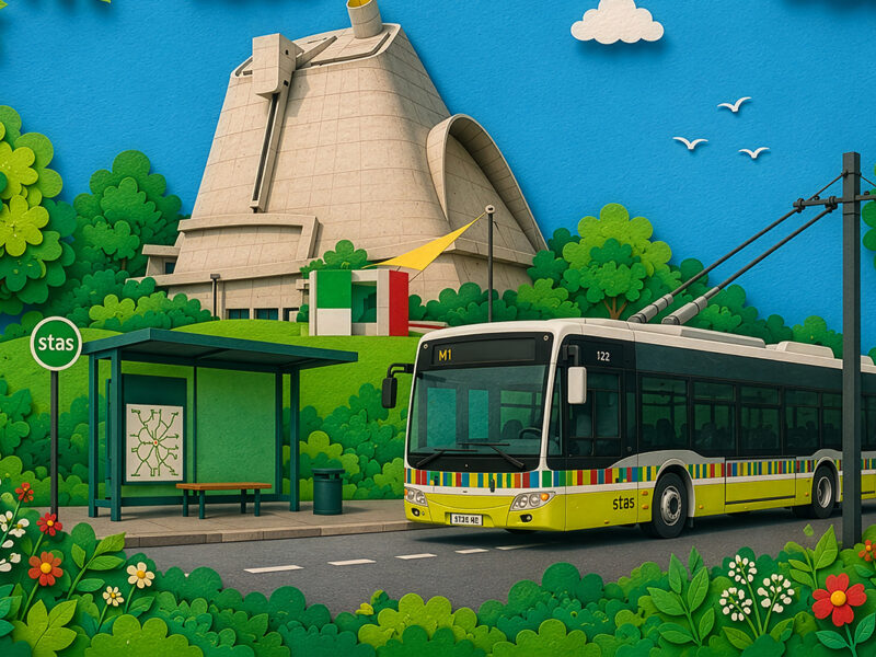 bus, arbres et verdure, église Le Corbusier en arrière plan
